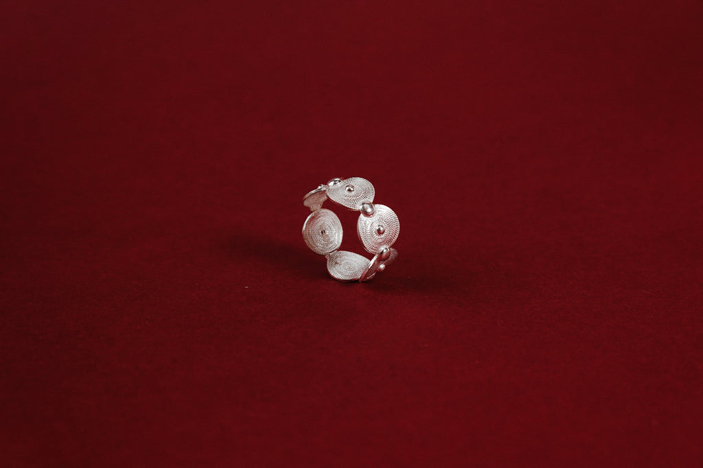 Filigree Swirl Ring – angled top view showing intricate wire-wound spiral detail on each disc