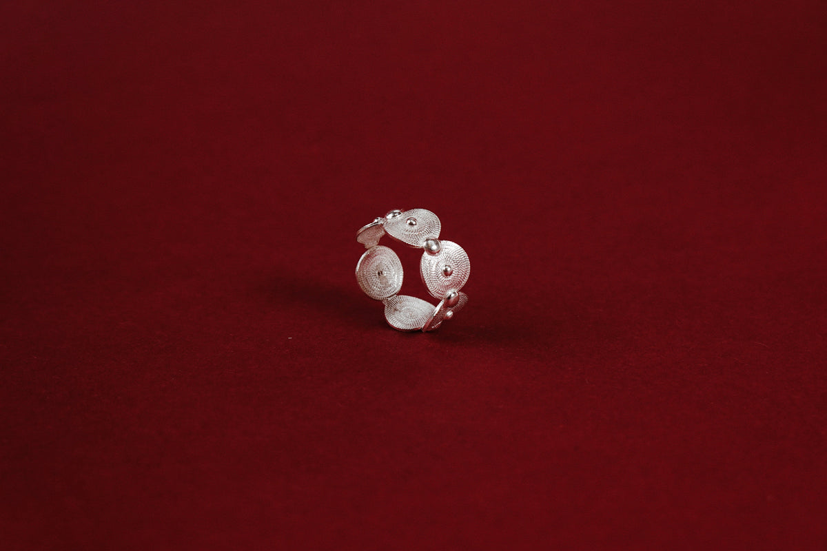 Filigree Swirl Ring – angled top view showing intricate wire-wound spiral detail on each disc